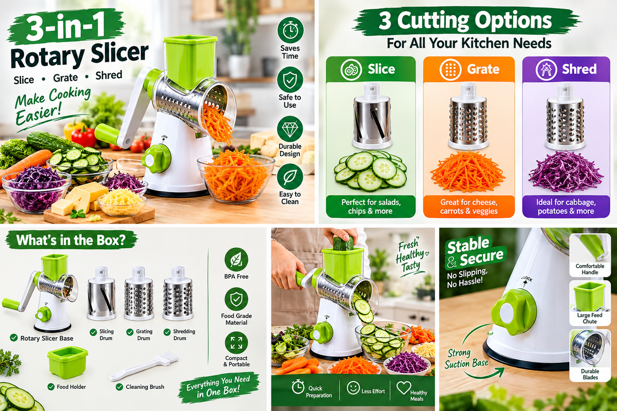 3-in-1 Rotary Drum Vegetable Grater & Slicer