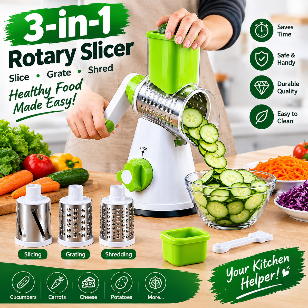 3-in-1 Rotary Drum Vegetable Grater & Slicer