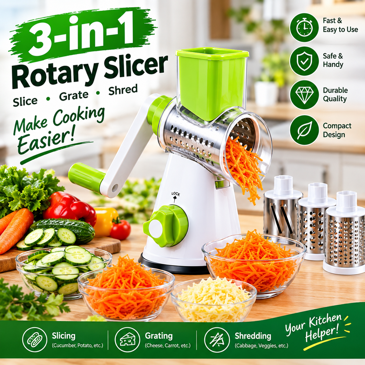 3-in-1 Rotary Drum Vegetable Grater & Slicer