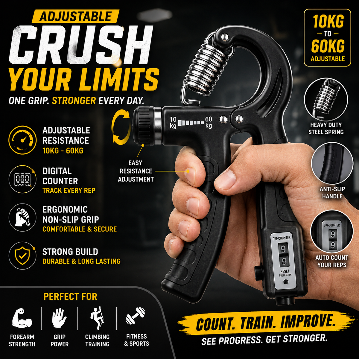 Adjustable Hand Gripper with Counter| 10–60KG Grip Strength Trainer