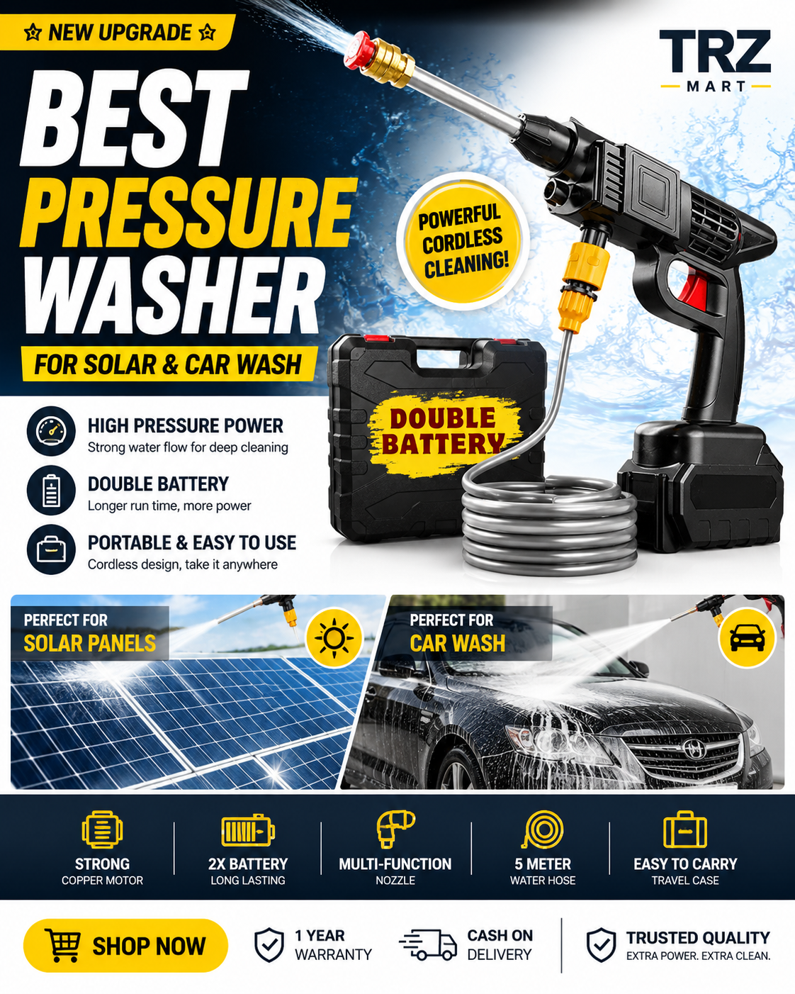 Premium Rechargeable High Pressure Washer Gun – Car, Solar & Home Cleaning