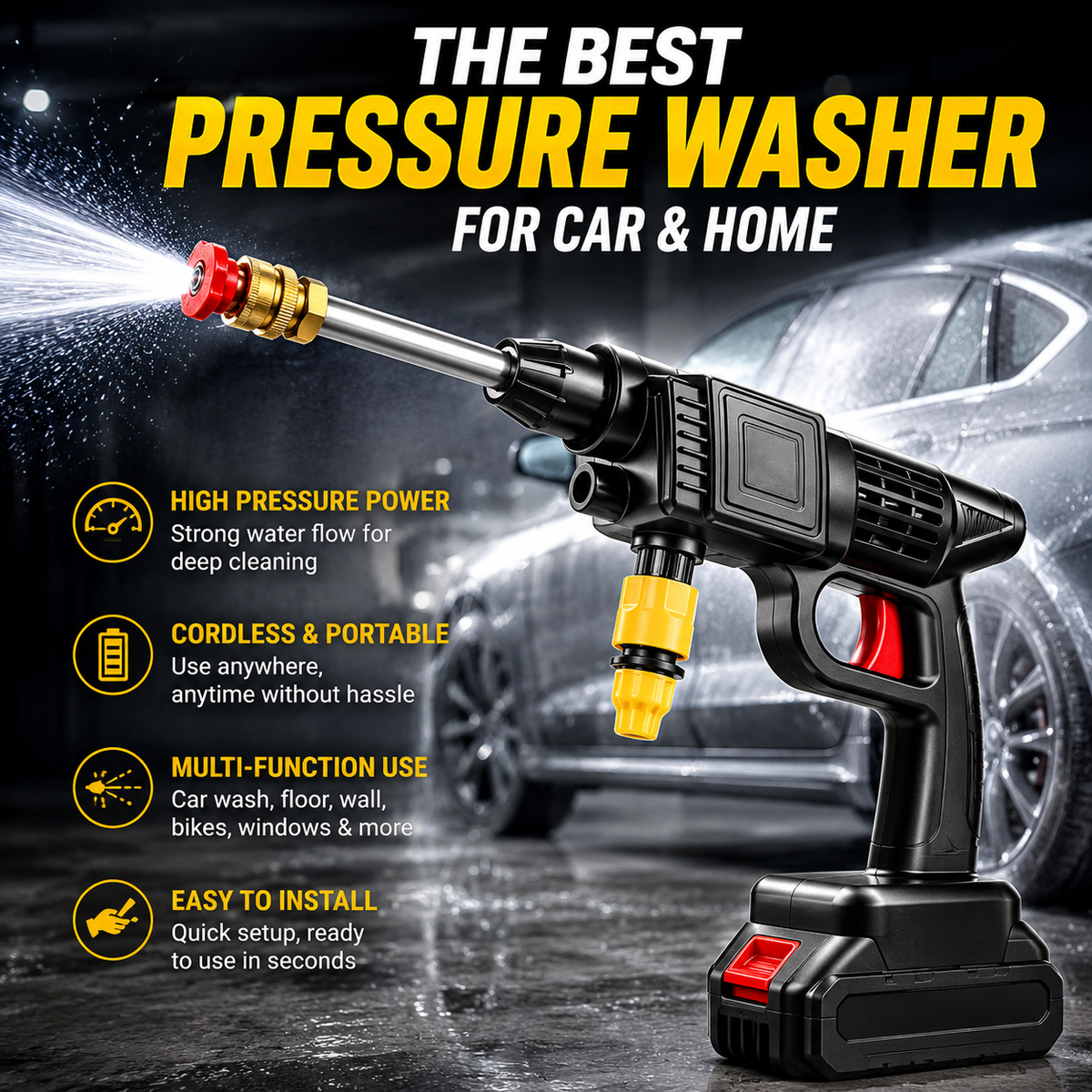 Premium Rechargeable High Pressure Washer Gun – Car, Solar & Home Cleaning
