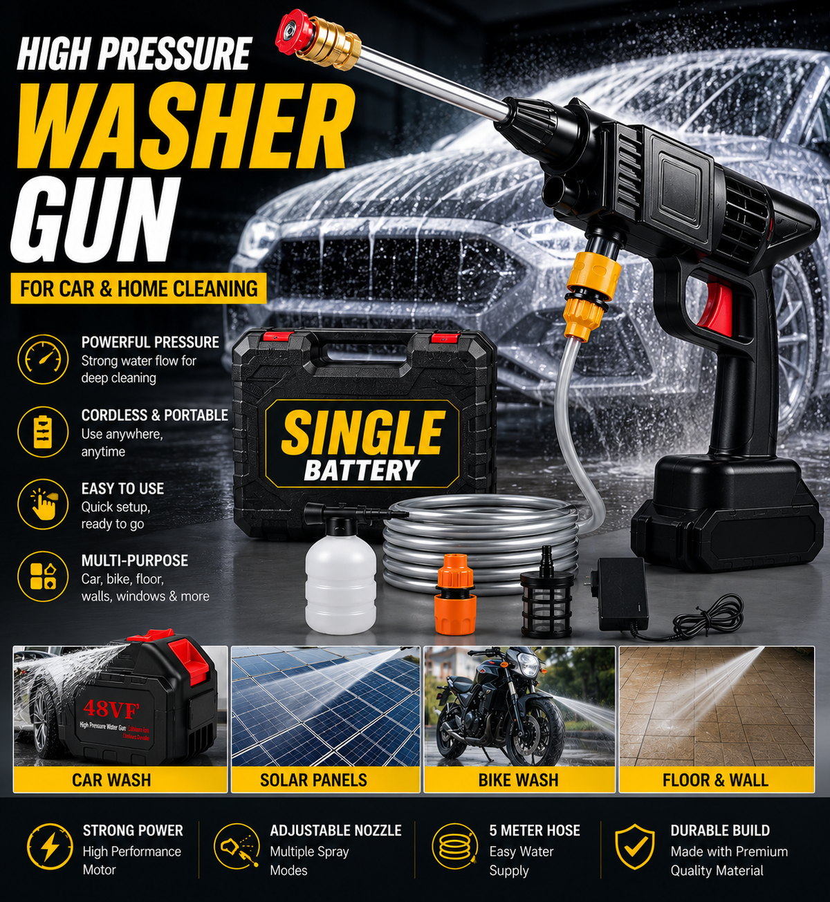 Premium Rechargeable High Pressure Washer Gun – Car, Solar & Home Cleaning
